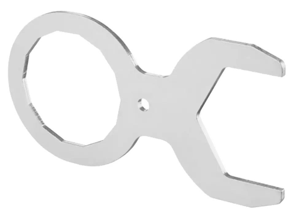 Metallwerkzeug von Oventrop zum Lösen eines Wechselfilters, mit einer speziellen Form zum Greifen und Halten des Adapters.